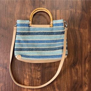 Marlo Blue Striped Faux Straw Handbag Purse Wooden Handles Crossbody